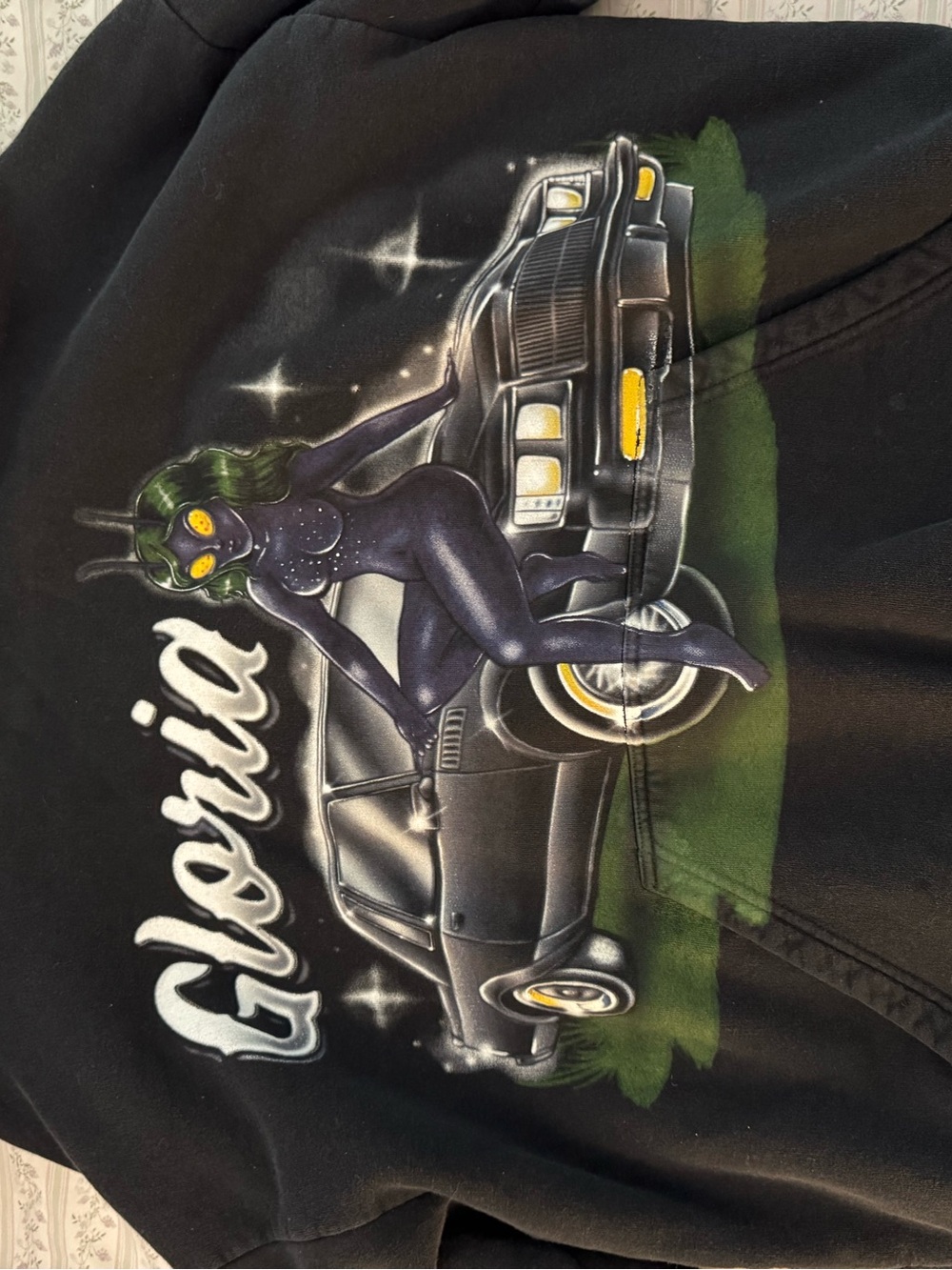 Black Jacket with Retro Pinup Alien & Classic Car Artwork